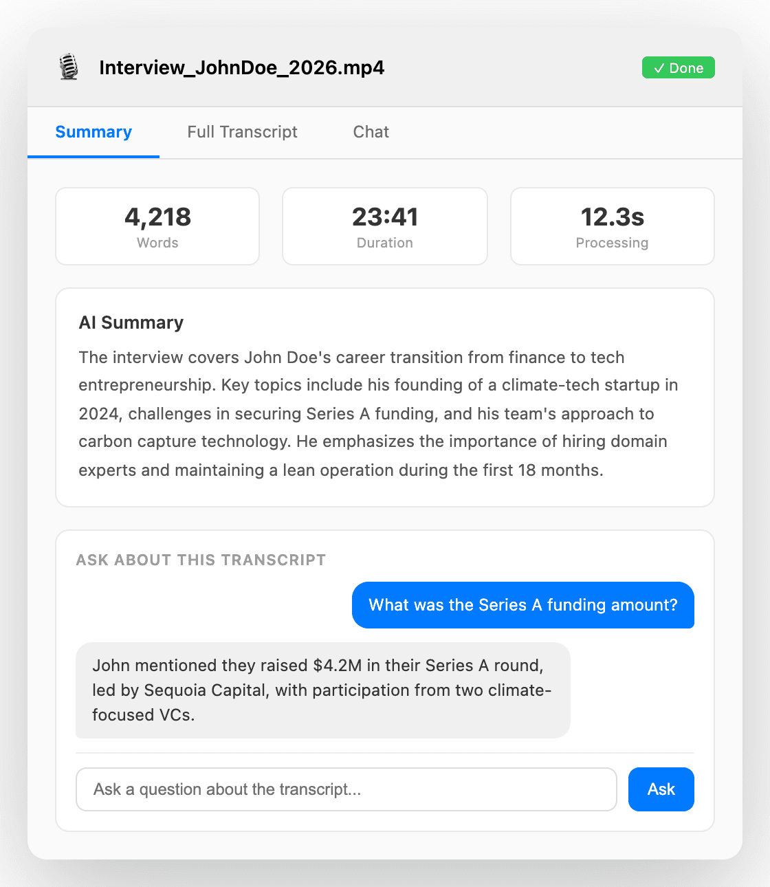 File transcription with AI summary and chat