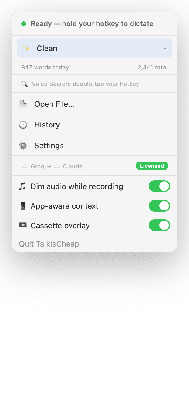 TalkIsCheap menu bar dropdown