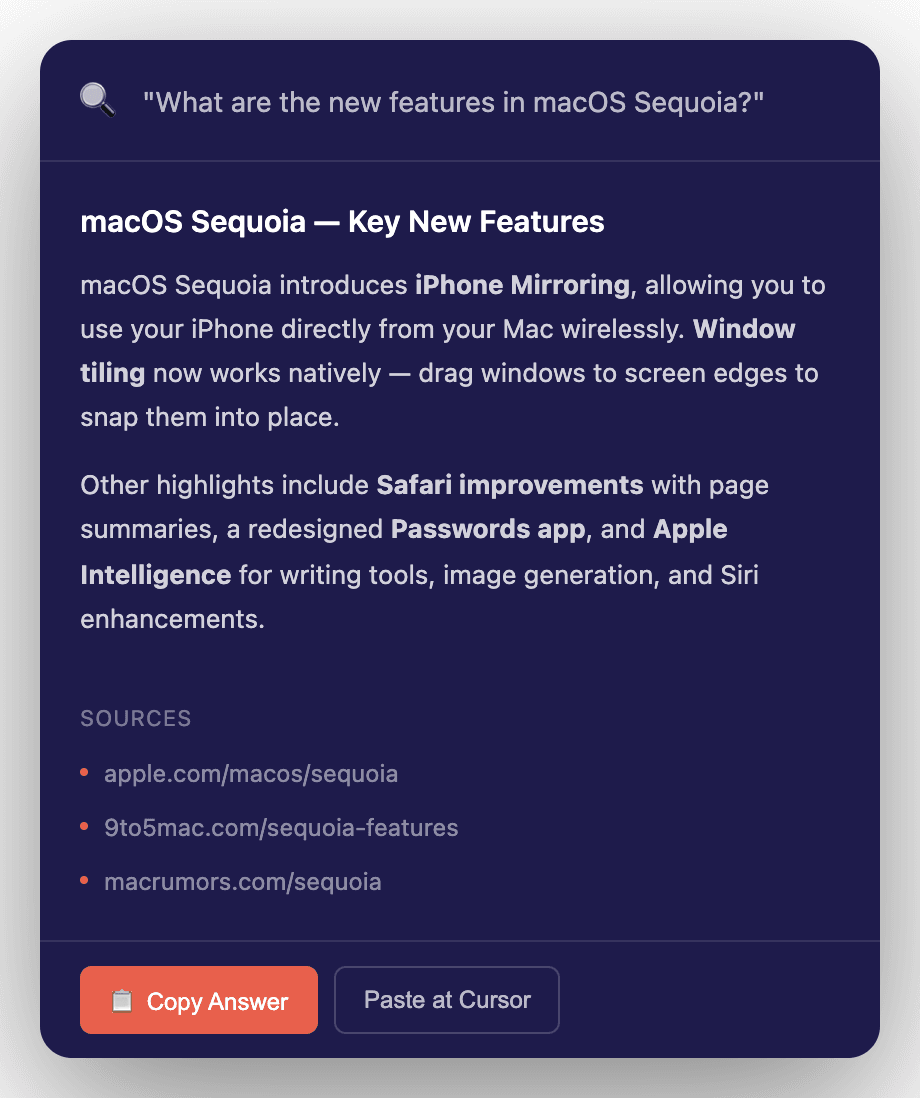 Voice search panel with AI answer